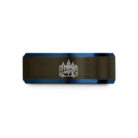 unisex wedding band set – gunmetal & blue tungsten city skyline car wedding band