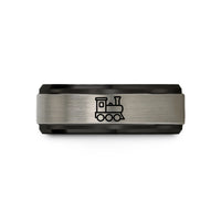 engraved promise rings set – black & grey tungsten steam locomotive wedding band