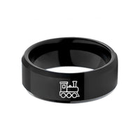 unisex engagement ring set – black tungsten steam locomotive wedding band