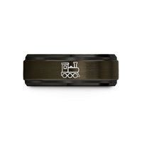 engraved promise rings set – gunmetal & black tungsten steam locomotive wedding band