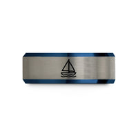 matching couples bands set – black & blue & grey tungsten sailboat wedding band