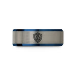 matching couple wedding rings – blue & gray tungsten shield lock cybersecurity wedding band