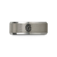 engraved rings for couples – black & gray tungsten spartan helmet wedding band