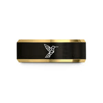 custom engraved couple rings – black & gold tungsten hummingbird wedding band