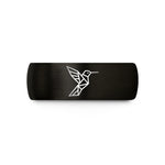 custom engraved couple rings – black & rose gold tungsten hummingbird wedding band