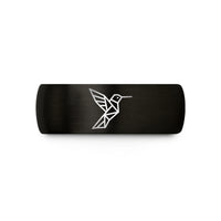 custom engraved couple rings – black & rose gold tungsten hummingbird wedding band
