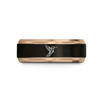 best presents for partners – black & rose gold tungsten hummingbird wedding band