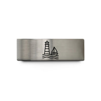 custom engraved promise rings – black & blue & silver tungsten lighthouse sailboat waves wedding band