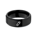custom promise rings – black tungsten safety pin wedding band