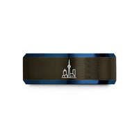 engraved rings for couples – gunmetal & blue tungsten toronto wedding band