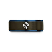 engraved rings for couples – gunmetal & blue tungsten cross ringed wedding band