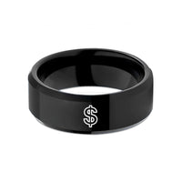 engraved couples bands cheap – black tungsten dollar sign wedding band
