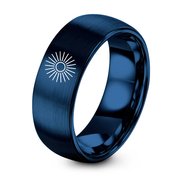 Radiant Sunburst – Tungsten Wedding Band, 8 mm, Blue Comfort-Fit Unisex