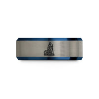 engraved promise rings – black & blue & silver tungsten elliptical trainer wedding band