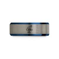 engraved couple ring set – black & blue & silver tungsten barbell row wedding band