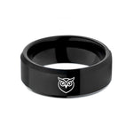 engraved promise ring set – black tungsten owl face wedding band