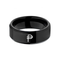 engraved couple ring set – black tungsten peso symbol wedding band