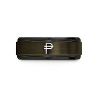 engraved couple ring set – gunmetal & black tungsten peso symbol wedding band
