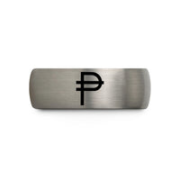 engraved couple ring set – gunmetal & gray tungsten peso symbol wedding band
