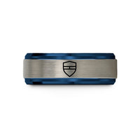 women's wedding band – blue & silver tungsten shield bar segmented wedding band