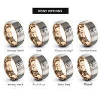font options for inside engraving on rose gold & silver holly leaves berries rings