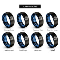 font options for inside engraving on black & blue honeybee flower rings