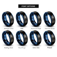 font options for inside engraving on black & blue honeybee flower rings
