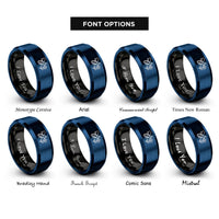 font options for inside engraving on black & blue honeybee flower rings