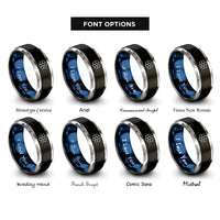 font options for inside engraving on black & blue & gray honeycomb pattern rings