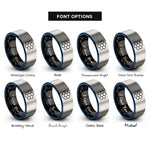 font options for inside engraving on black & blue & gray honeycomb pattern rings