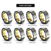 font options for inside engraving on gold & blue & gray hook heart anchor rings