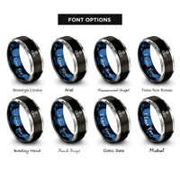 font options for inside engraving on black & blue & grey horizon north star rings