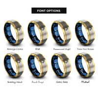 font options for inside engraving on gold & blue & gray hot cocoa mug rings