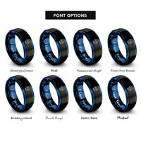 font options for inside engraving on black & blue humanoid android face rings