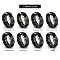 font options for inside engraving on black & grey hummingbird silhouette blossom rings