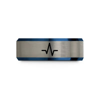 engraved promise ring set – black & blue & silver tungsten pulse peak wedding band