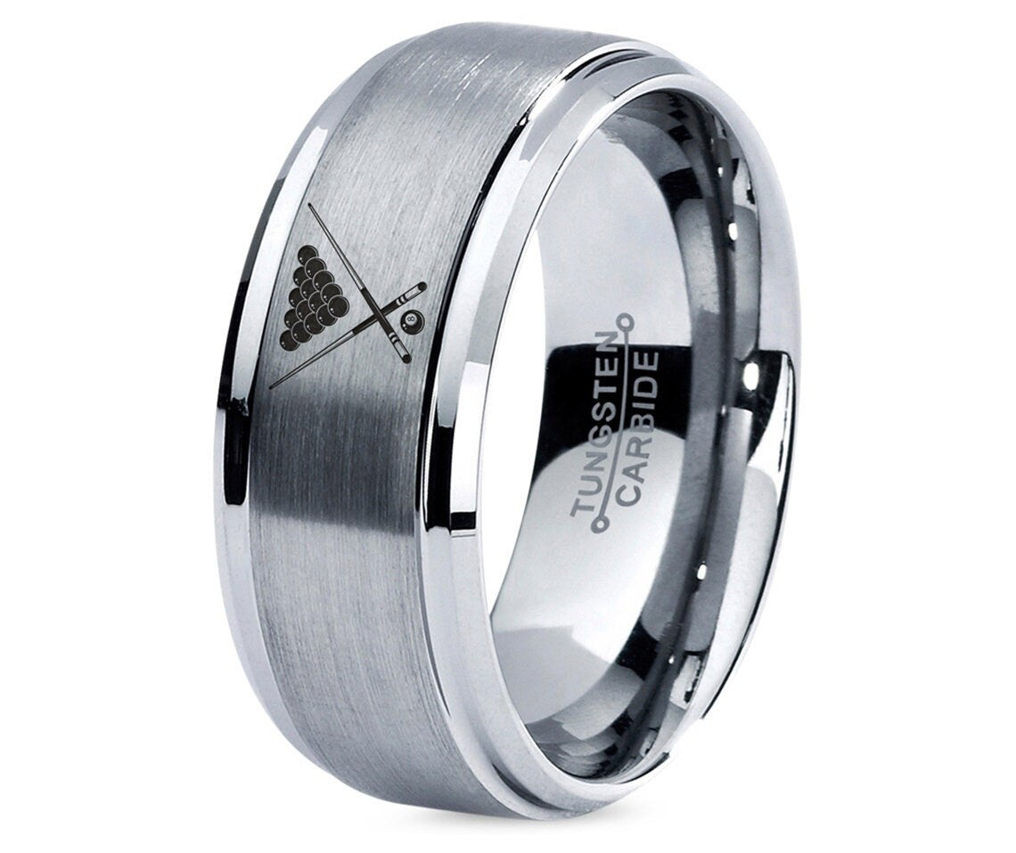 Billiards Themed Tungsten Carbide Ring with Laser Engraving – Pool Sticks & 8-Ball Design