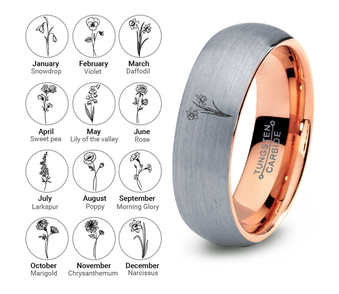 Custom Birth Flower Tungsten Ring – Beautiful Floral Engraving