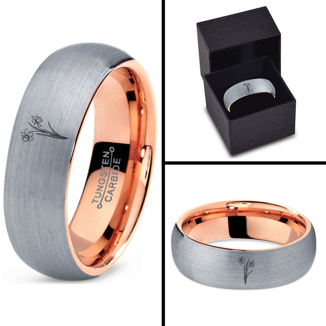 Custom Birth Flower Tungsten Ring – Beautiful Floral Engraving