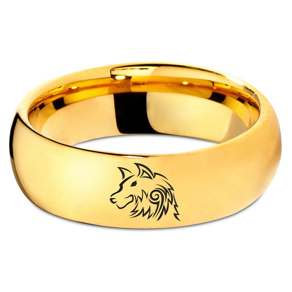 Gifts For Her | Engraved Wolf Ring | Gold Wedding Ring Band | Anniversary Gifts | Tungsten Rings For Men | Fathers Day Gifts | 8mm Ring