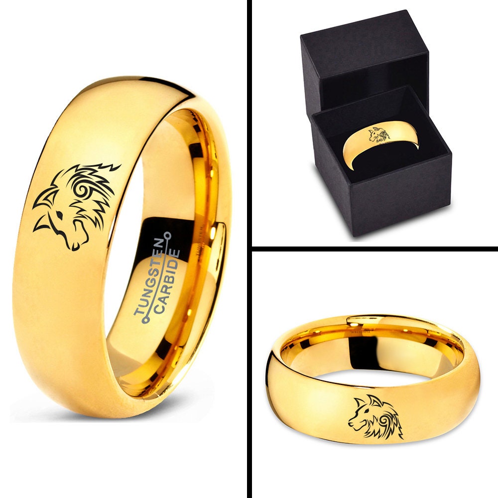 Gifts For Her | Engraved Wolf Ring | Gold Wedding Ring Band | Anniversary Gifts | Tungsten Rings For Men | Fathers Day Gifts | 8mm Ring