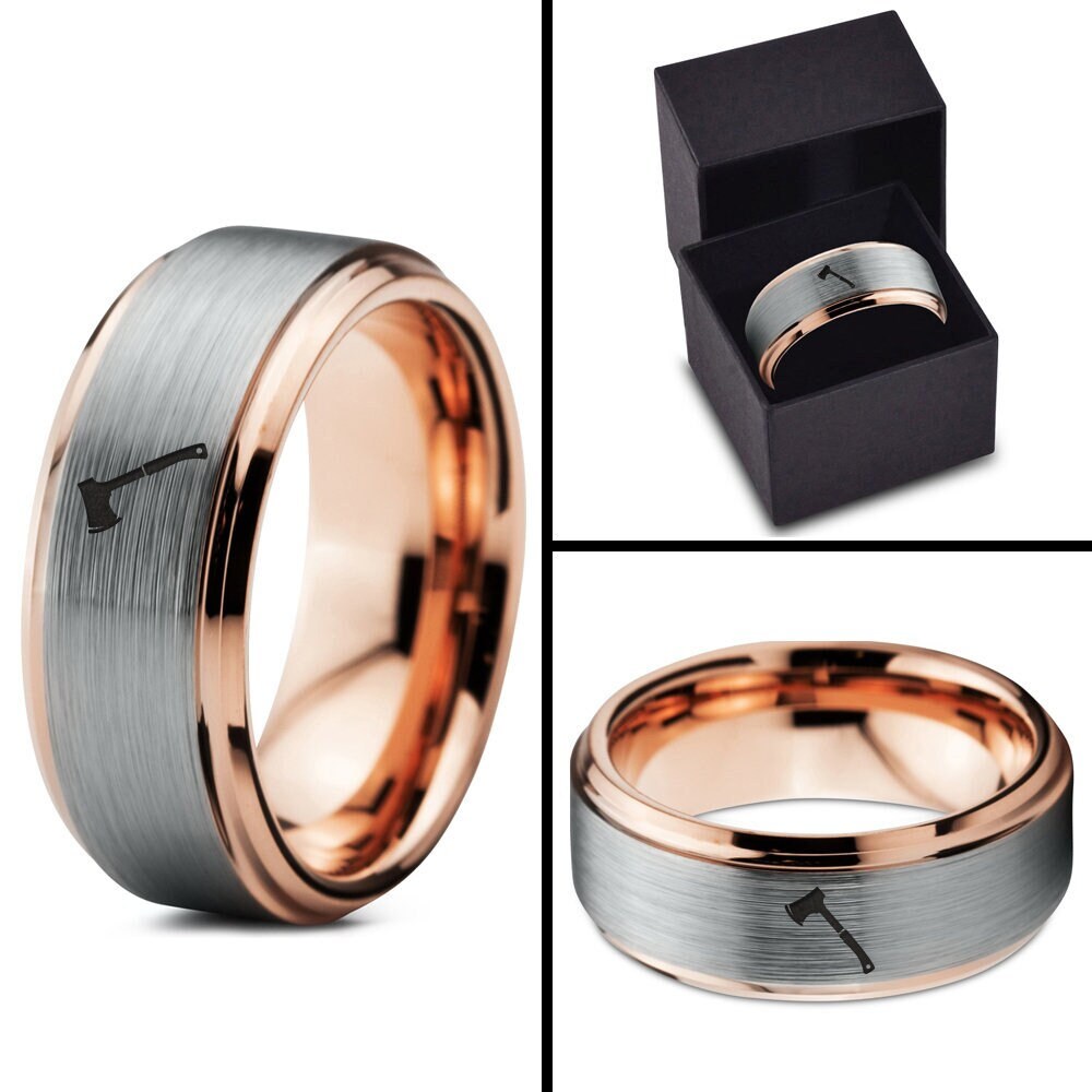 Engraved Hunting Axe Ring, Mens Wedding Ring Gray, Rose Gold Tungsten Carbide Ring, Anniversary Gifts For Boyfriend, His And Hers Ring