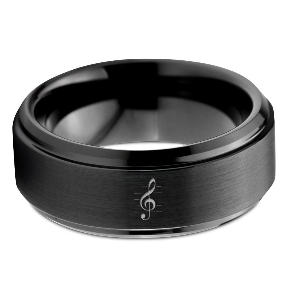 Vocal Line Treble Music Ring,Music Sheet Ring,Artists Ring,Mens Wedding Band,Step Bevel Black Tungsten Ring,Perfect Ring For Music Lovers