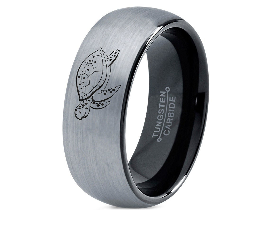 Turtle Flying Ring, Mens Silver Grey Ring, Personalized Domed Tungsten Ring, Black Tungsten Wedding Band, Engraved Ring, His and Hers Rings