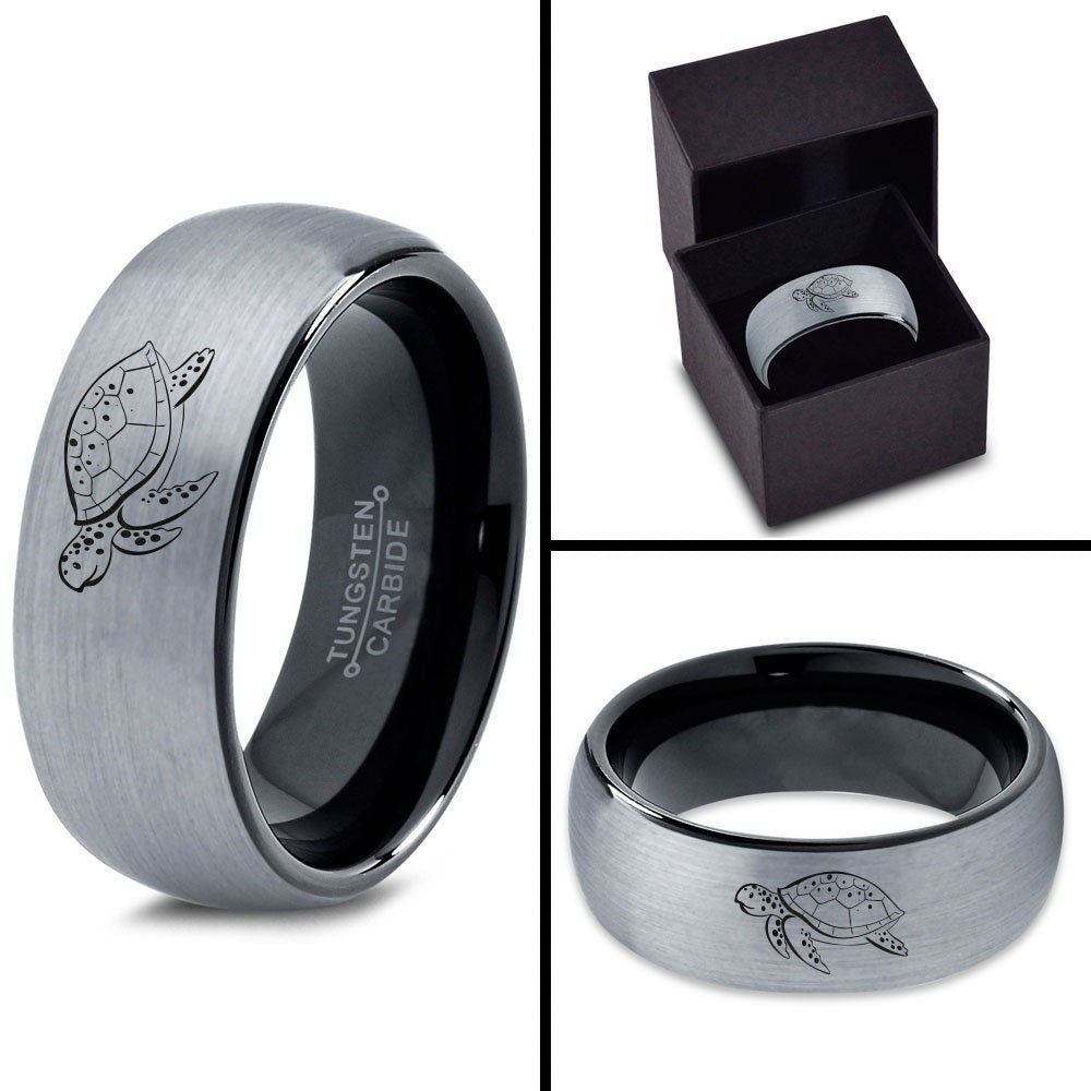 Turtle Flying Ring, Mens Silver Grey Ring, Personalized Domed Tungsten Ring, Black Tungsten Wedding Band, Engraved Ring, His and Hers Rings