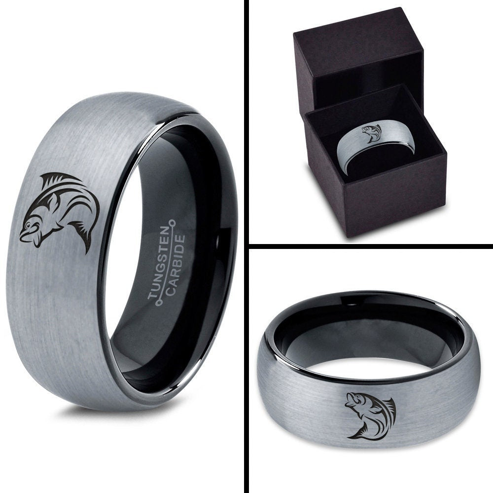 Monster Fish Ring | Silver Wedding Band | Black Tungsten Fisherman Fishing Ring | Domed Tungsten Ring | Top Engraved Ring | Gifts for Him