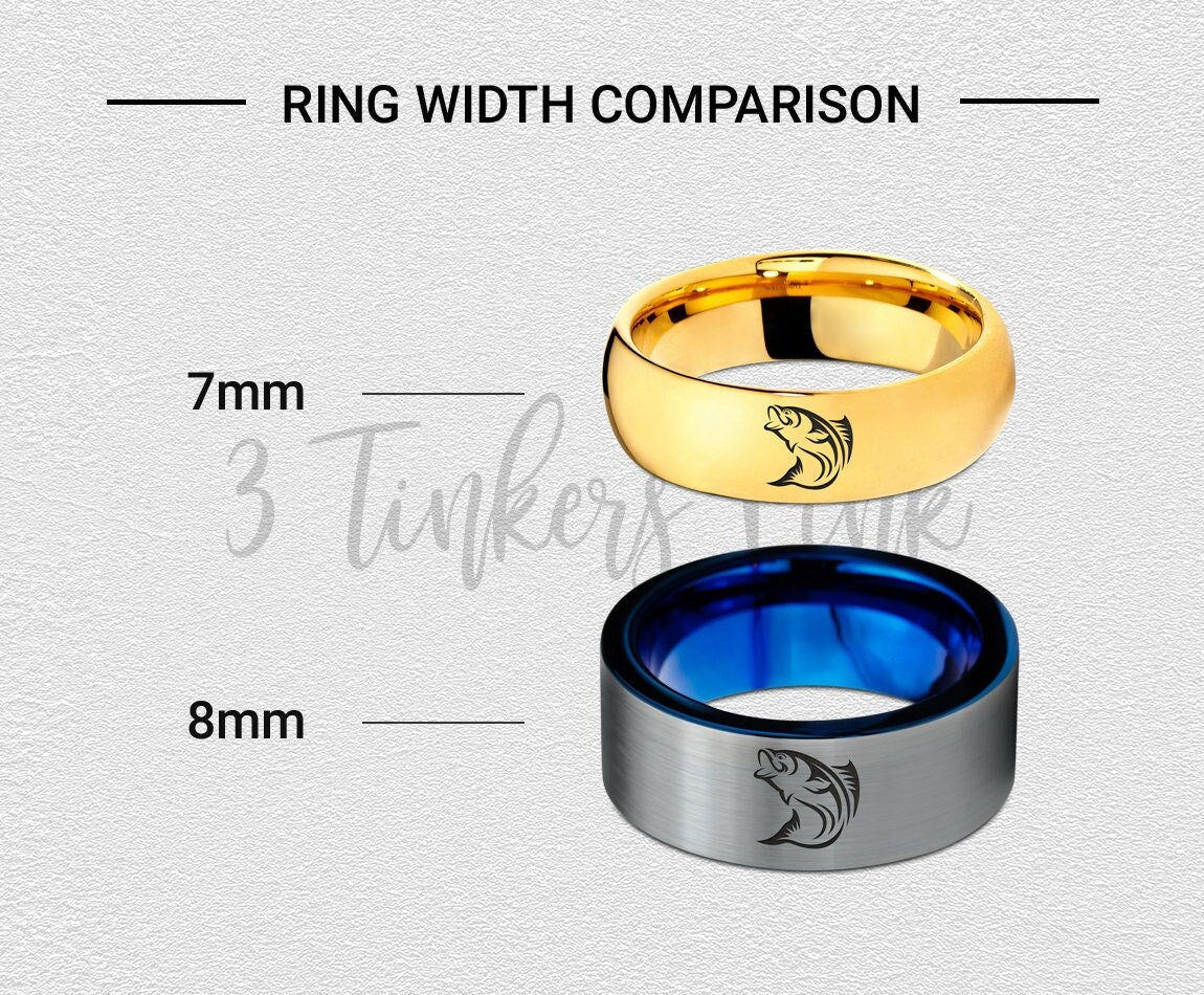 Monster Fish Ring | Silver Wedding Band | Black Tungsten Fisherman Fishing Ring | Domed Tungsten Ring | Top Engraved Ring | Gifts for Him