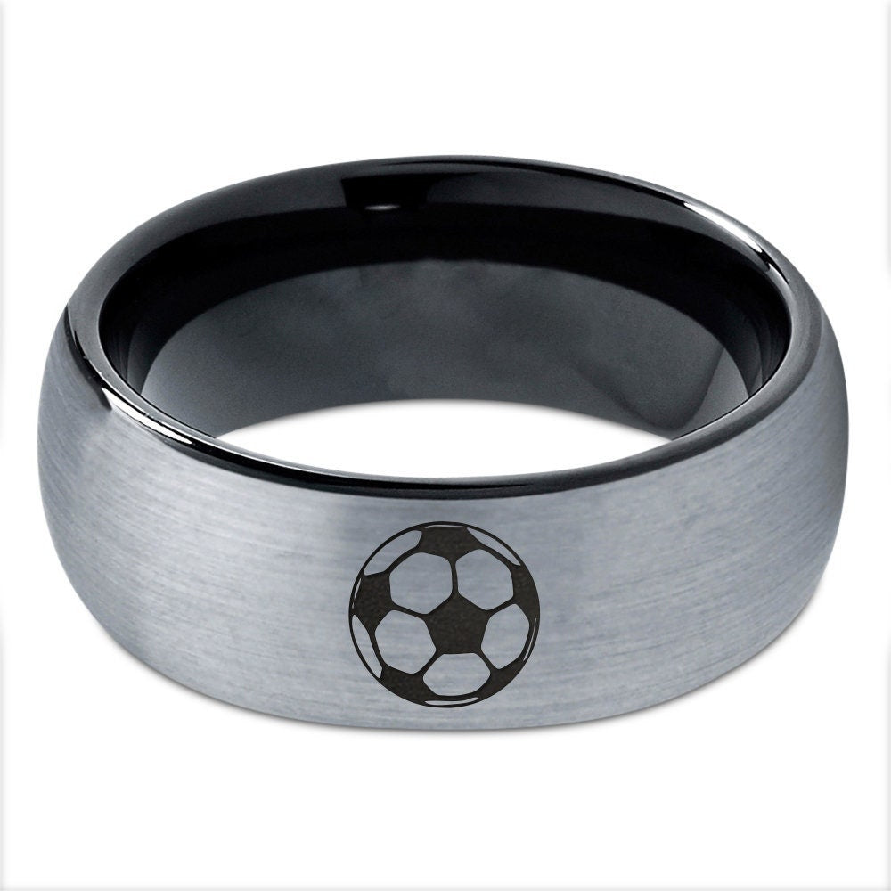 Soccer Football Ring - Wedding Engagement Rings - Engraved Ring - Silver Gray Tungsten Rings For Men - Black 8mm Black Ring - Free Shipping