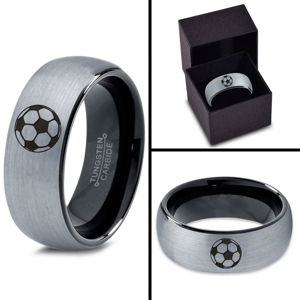 Soccer Football Ring - Wedding Engagement Rings - Engraved Ring - Silver Gray Tungsten Rings For Men - Black 8mm Black Ring - Free Shipping