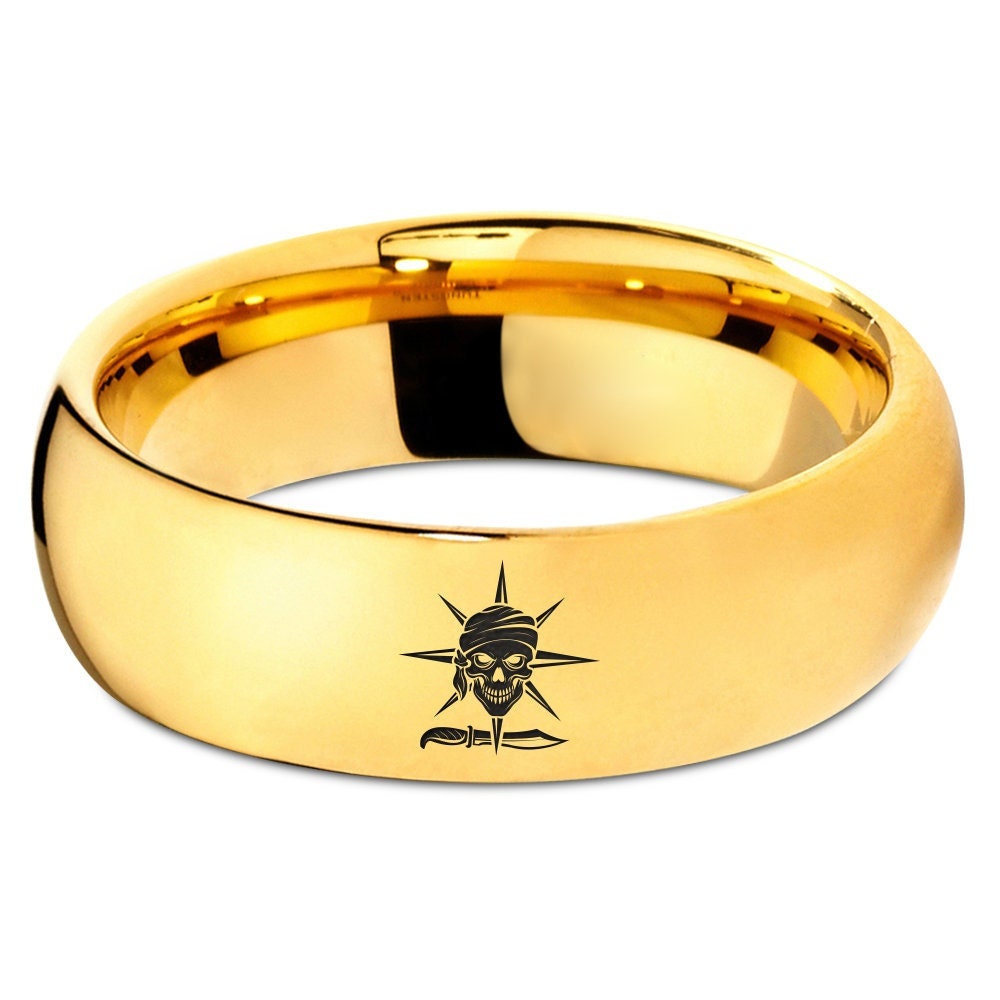 Pirate Skull Ring, Pirate Knife Ring, Womens Wedding Band, Laser Marking Engraved Ring, Tungsten Yellow Gold Ring, Gold Engagement  Ring